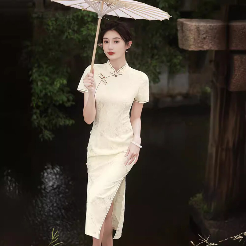 Cheongsam Plus Size Dress 2024 primavera e autunno nuovo abito Qipao in pizzo con maniche a 3/4 migliorato Qipao tradizionale