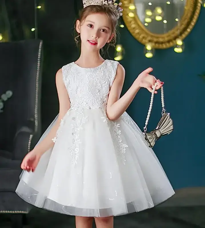 Vestido fofo de gaze infantil, vestido elegante princesa menina, apresentadora de aniversário da menina, vestido para piano, verão