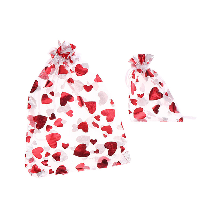 10 buah tas serut Organza hati cinta merah tas serut hadiah pesta pernikahan tas serut tampilan perhiasan Hari Valentine Natal