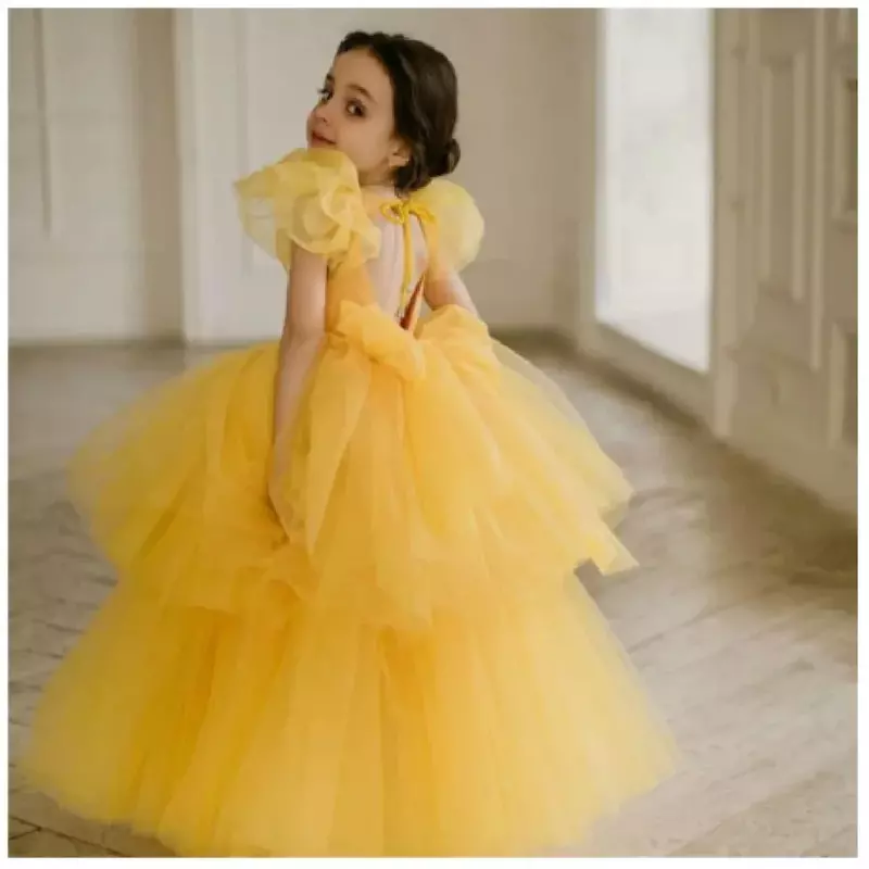 Vestido da menina flor amarela, O-pescoço, comprimento do chão, requintado, crepe, menina, crianças, casamento, festa de aniversário, baile, feriado