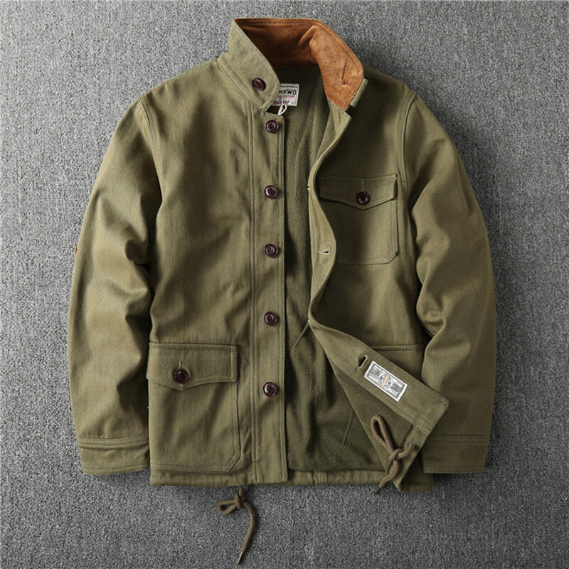 Chaqueta de lana gruesa para hombre, abrigo de estilo militar con múltiples bolsillos, Color sólido, para exteriores, Invierno