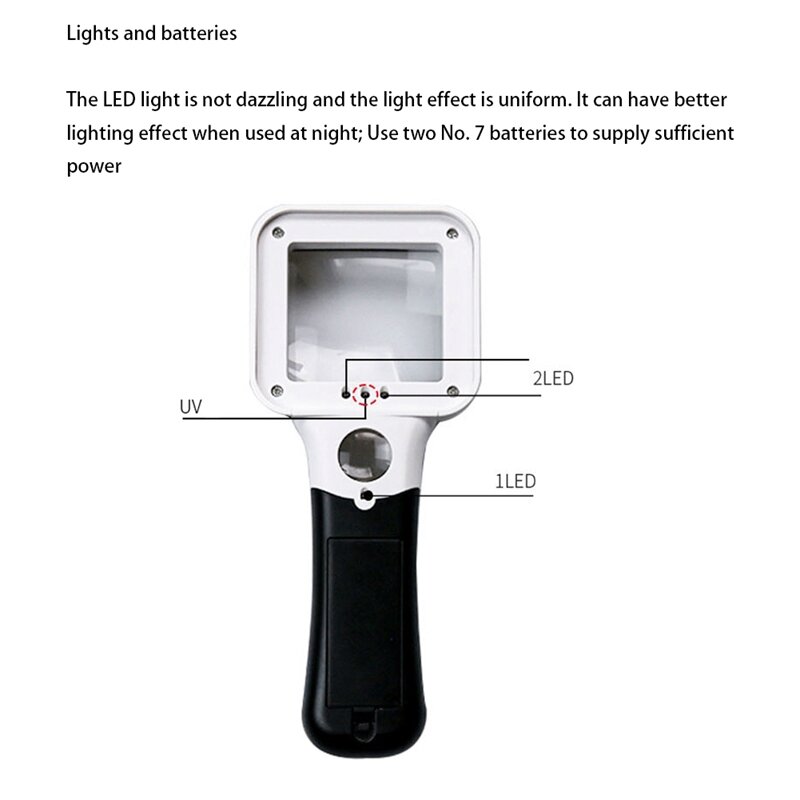 Handheld Lighted Magnifier com lâmpada UV, lupa, jóias, notas, inspeção, 3 LED, 5X, 45X