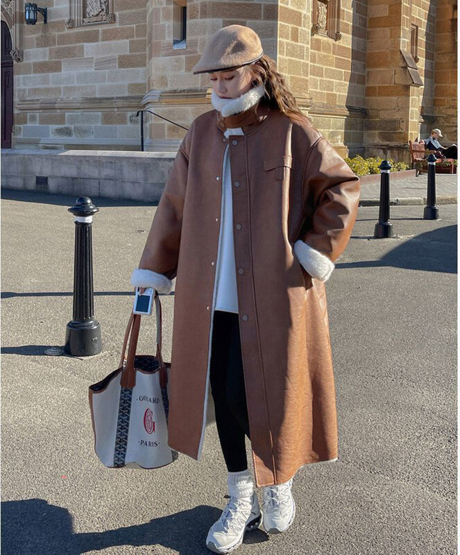 Женское пальто из искусственной кожи, однобортное длинное пальто из овечьей шерсти, Рождественская Новинка 2024