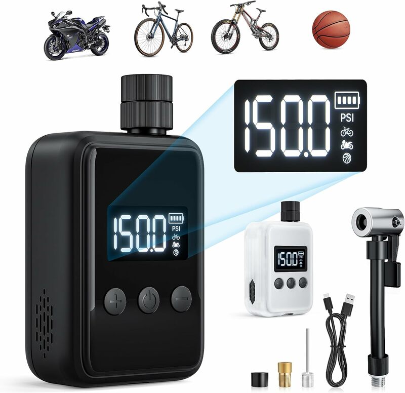 Electric Bike Pump, 120PSI Portable Bicycle Pump, Mini Bicycle Tire Pump with Pressure Gauge LCD Display, Presta and Schrader Va