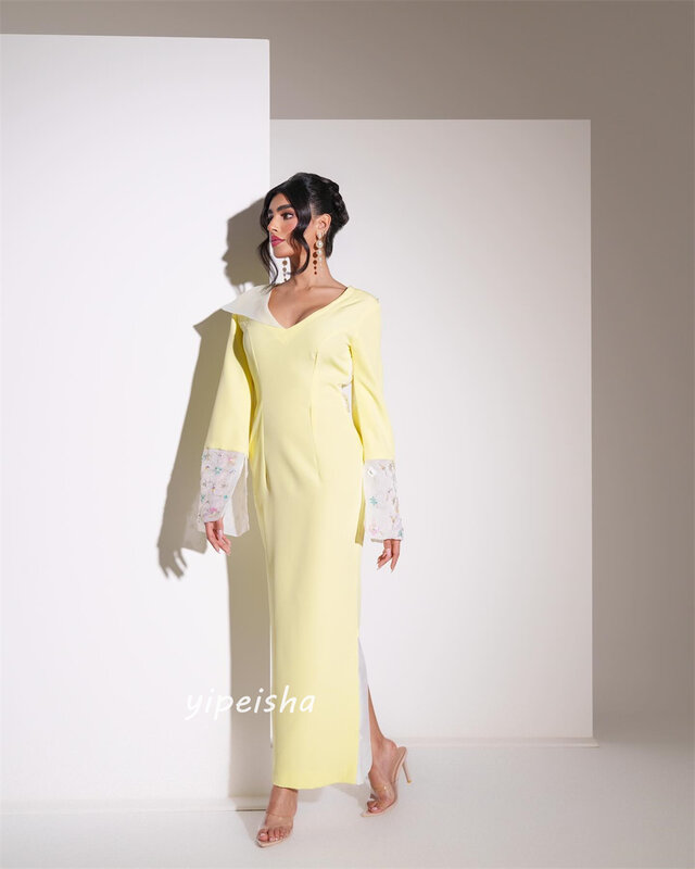 فستان رقبة على شكل حرف V من الساتان مزين بالخرز ، طول الكاحل ، مناسبة مخصصة ، حفل زفاف