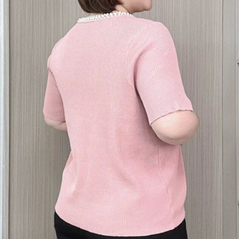 Ice Silk Knitted Short Sleeve T-shirt Women Thin Fashion Beaded O-Neck Top, Plus Size, Summer 2024