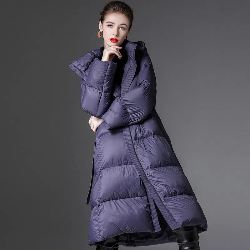 Duvet de canard à capuche mi-long pour femme, sur le genou, chaud, blanc, léger, luxe, haut de gamme, tempérament, hiver, nouveau, 2022
