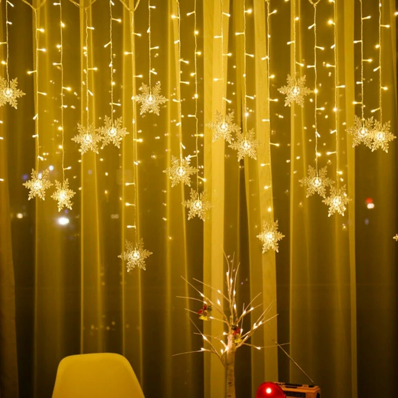 Natal LED Snowflake Garland Corda de cortina Luzes de fadas para o ano novo Festa de feriado Decoração de jardim 3,8 m