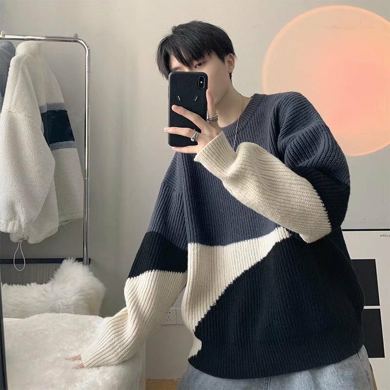 Matta Style Patchwork Men's Sweater Sleeves Sweaters for Men Ins All Match Sweater Men's Clothing Pullovers O-Neck Loose Long