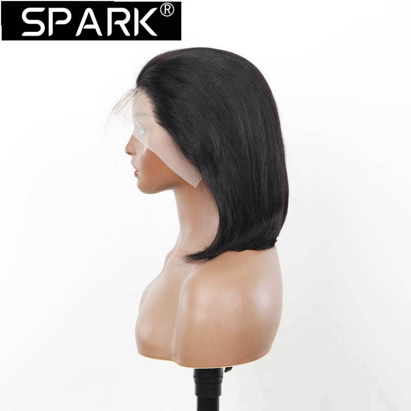 SPARK-Perucas curtas de Bob retas, cabelo humano brasileiro, laço transparente, pré arrancado, preto natural, T Part, 13x4 4x4 T