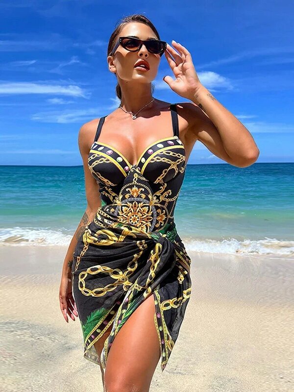 Maiô estampado feminino com capa, biquíni preto sem costas sexy de cintura alta, férias de praia, moda, 2 peças, 2024