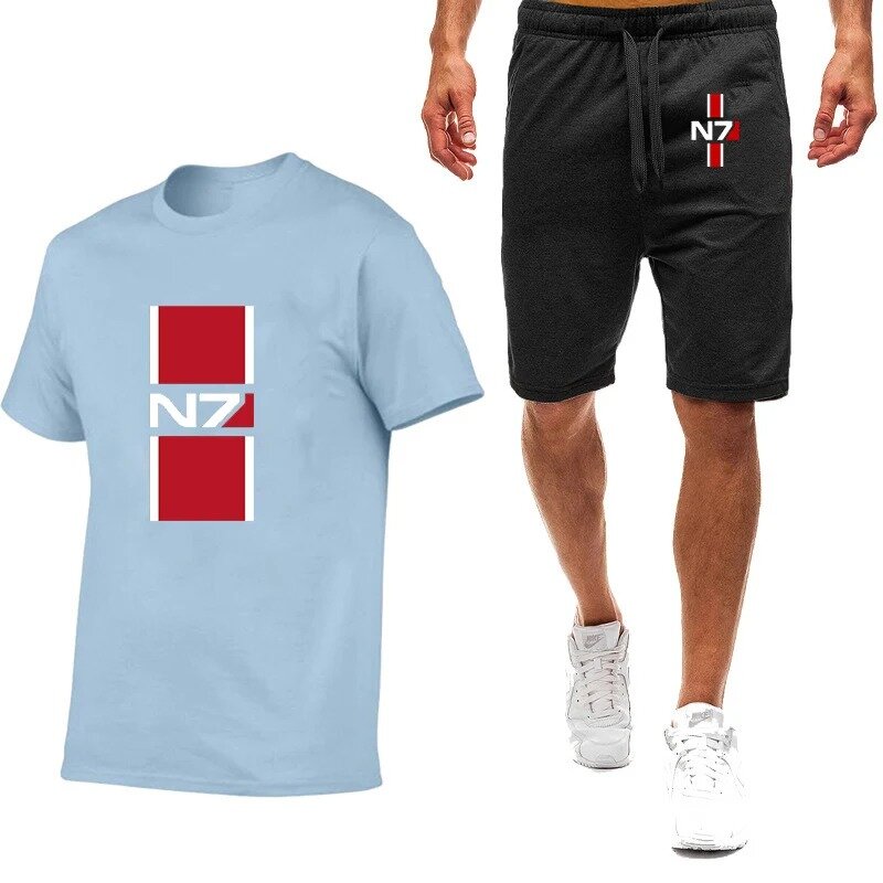 Костюм N7 мужской летний с коротким рукавом, удобная футболка, повседневные шорты, комплект из 2 предметов, 2024
