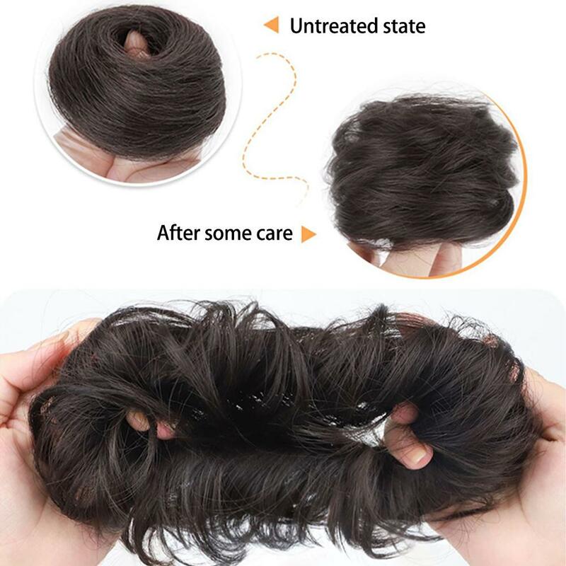 Rambut sintetis Bun keriting lurus wanita, hiasan rambut cepol berantakan, pita rambut Updo elastis untuk wanita, Volume pinggiran palsu