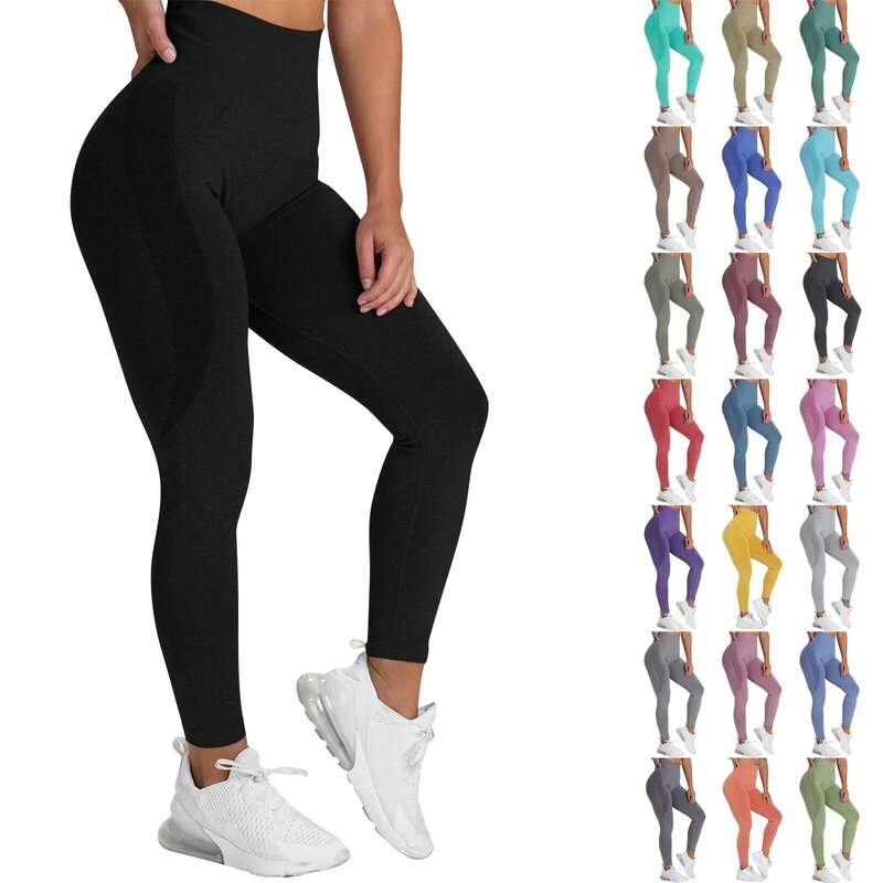 Celana olahraga wanita, celana Yoga kasual tren pinggang tinggi mulus Slim Fit warna Solid, celana olahraga Fitness pinggul mengangkat