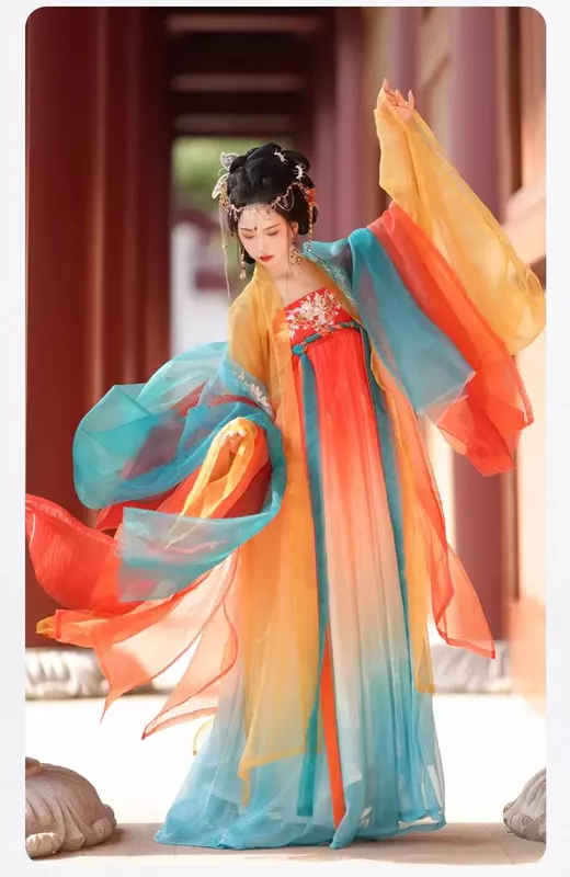 YiLinFang 여성용 당나라 오렌지 자수 한푸, 우아한 고대 중국 가슴 스커트, 요정 원피스 중국 의류, 5 개 세트