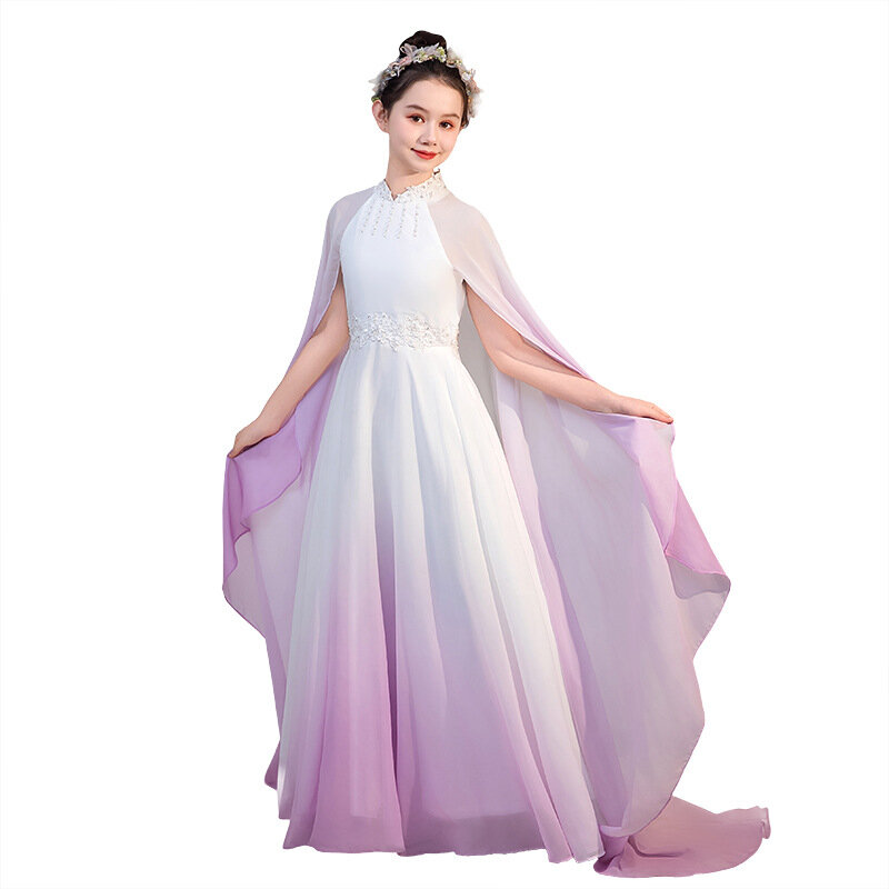 Guzheng White Gradient Cape para meninas, dança folclórica, desempenho de Hanfu, passarela do anfitrião, passarela do piano, crianças, estilo chinês