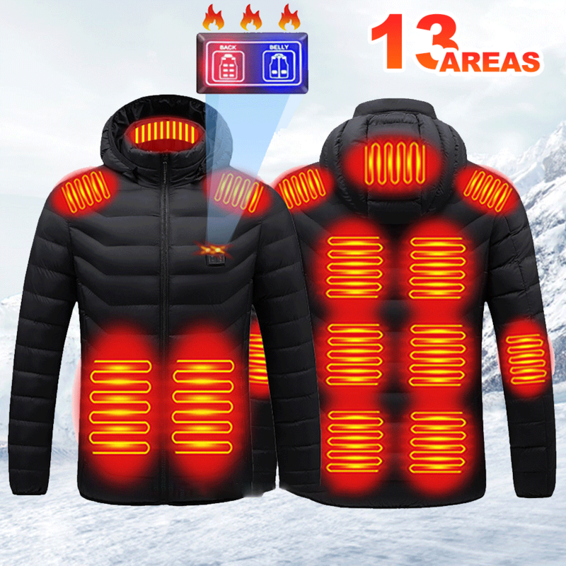 Jaqueta aquecida elétrica USB para homens e mulheres, Casacos auto-aquecedores, Roupas aquecidas, Esqui, Camping, Caminhadas, Pesca, Down, Inverno, 13 Área