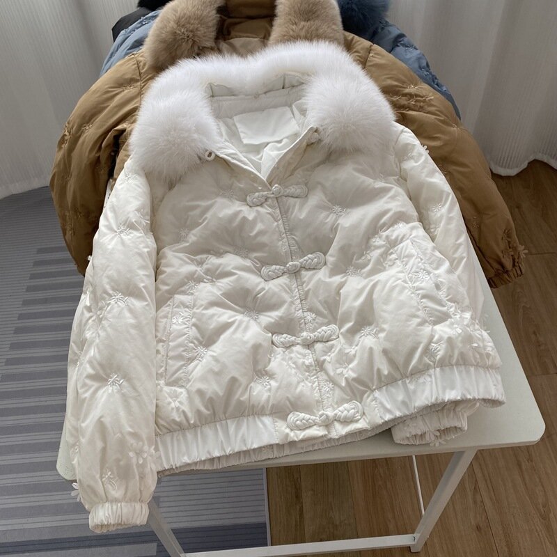 Jaqueta de peito único com capuz para mulheres, casaco de pato, gola de pele verdadeira raposa elegante e quente, inverno, novo, 2023, 2023