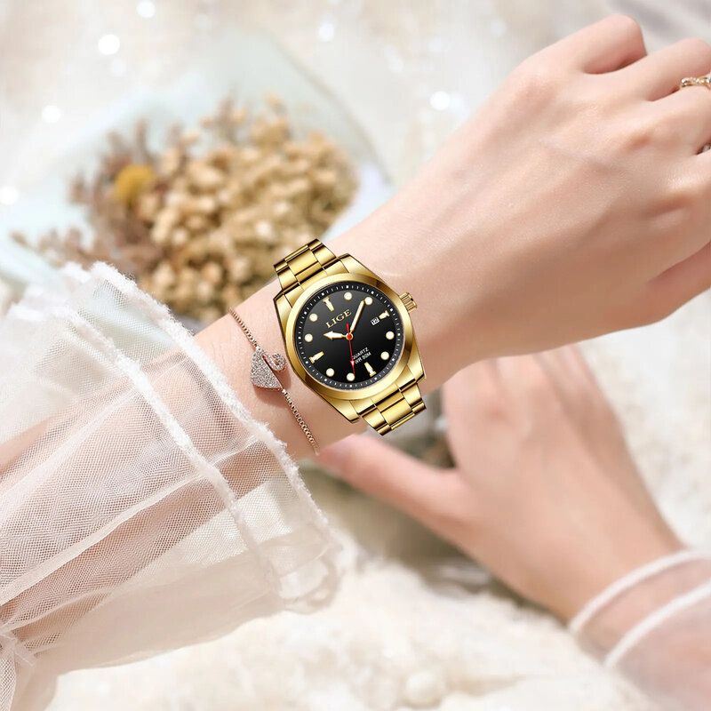 Часы наручные LIGE женские кварцевые, Роскошные водонепроницаемые светящиеся золотистые, с датой, с платьем из нержавеющей стали, с коробкой