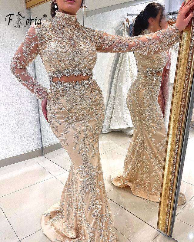 Gaun pesta pernikahan putri duyung bermanik wanita Dubai mewah gaun malam Formal renda rumbai kristal gaun selebriti Timur Tengah