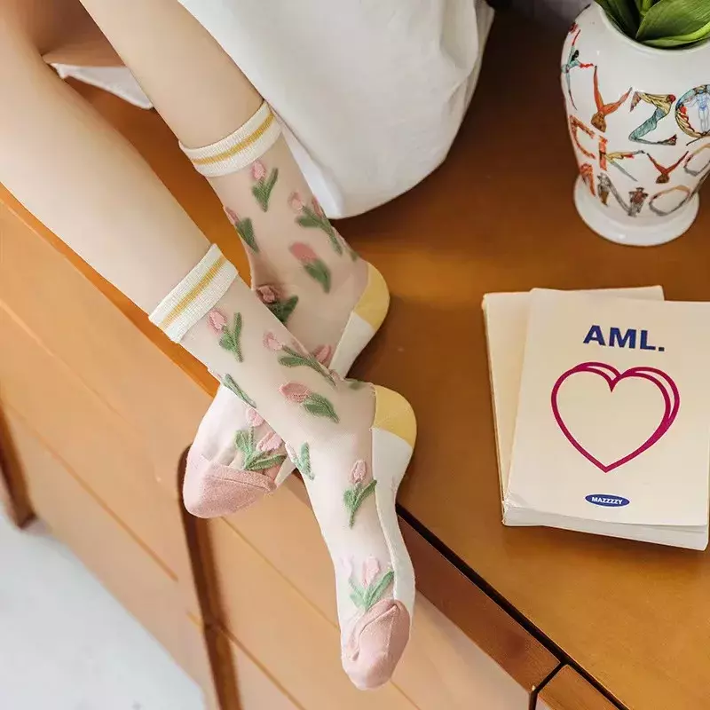 Ультратонкие прозрачные шелковые носки с кристаллами, женские модные летние короткие носки Harajuku, уличная одежда в стиле ретро с цветами, эластичные длинные носки