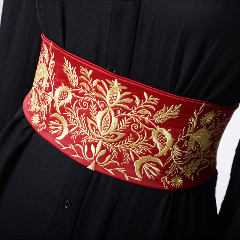 Cinturón ancho bordado Retro japonés para mujer, faja ajustable, cinturón de decoración de vestido Kimono, faja Yukata