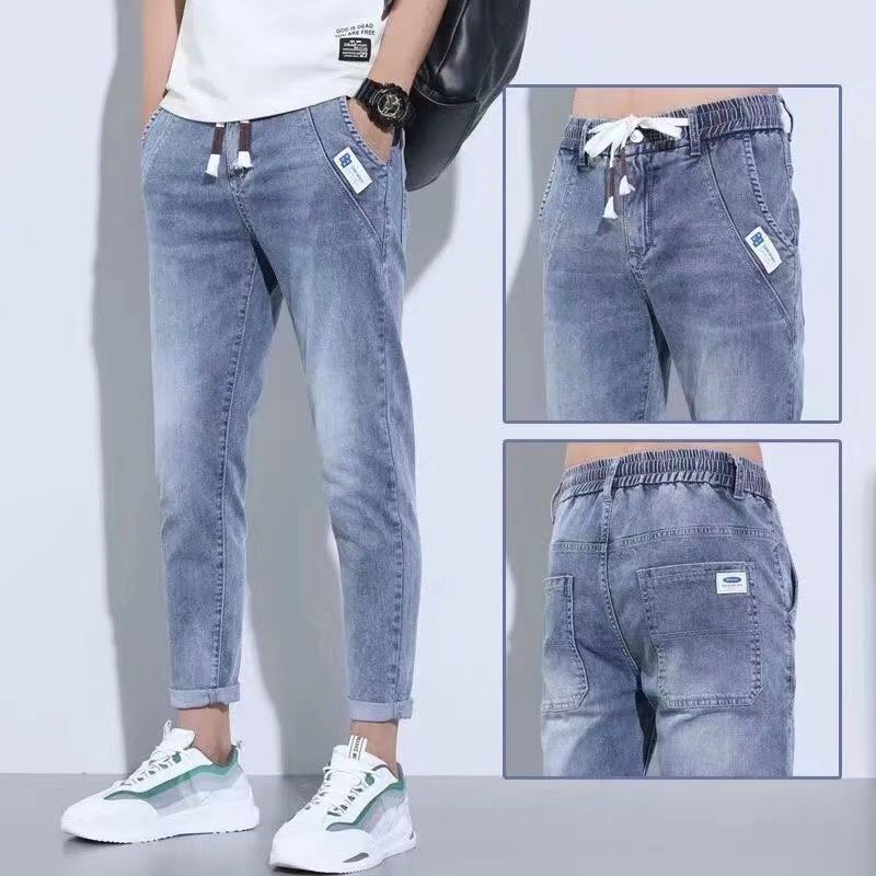 Jeans jeans casual masculino com cintura elástica, moda justa, estilo popular, novo, primavera, outono, 2024