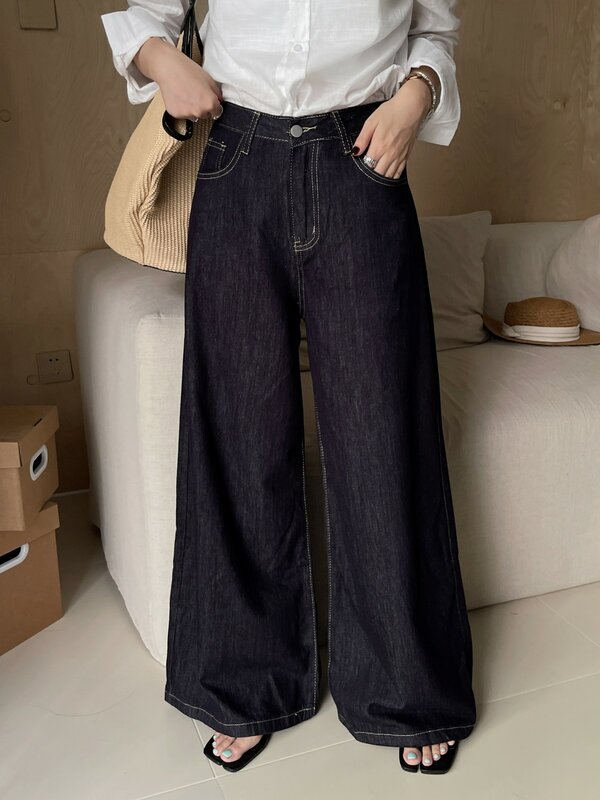 Zhisilao กางเกงยีนส์ขากว้างของผู้หญิงวินเทจสีน้ำเงินเข้มยาวเต็มรูปแบบสตรีทแวร์กางเกงยีนส์ฤดูร้อน2024