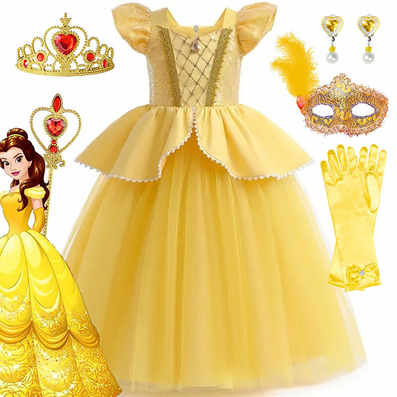Fairy Tale Beauty and the Beast Apparel Girls Carnival Clothing Princess Belle Dress Toddler Halloween Cinderella Rapunzel Frock