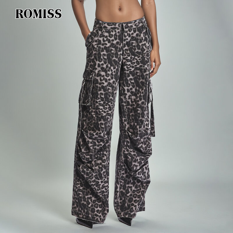 روميس-سراويل نسائية عالية الخصر مع جيوب ، خياطة الفهد ، أزرار ، فضفاضة ، الساق الواسعة ، السراويل الطويلة ، الموضة النسائية ، جديدة