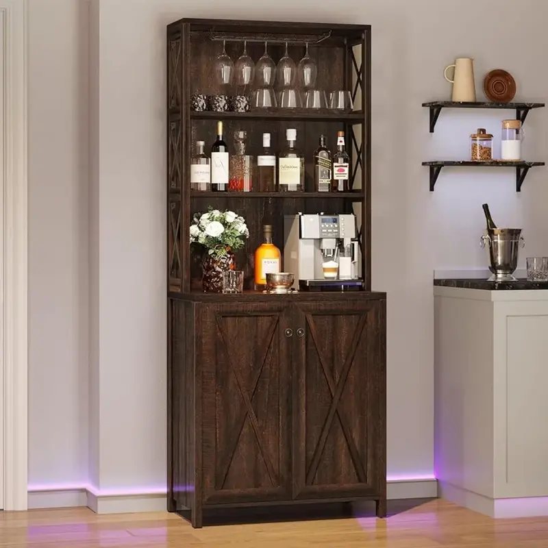 67" Tall Wine Bar Cabinet for Liquor & Glasses,Farmhouse Kitchen Cabinet Coffee Bar w/ Adjustable Shelves,Open Storage Shelves