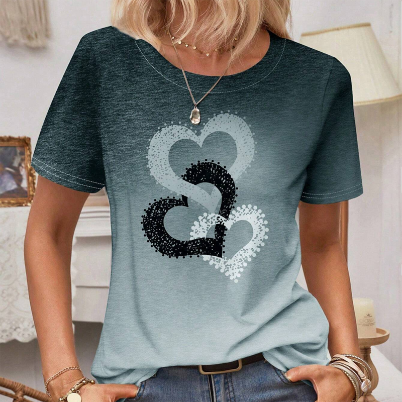 Women's Round Neck Short Sleeve T-Shirt Printed Love Pattern Top Women's Top Casual T-Shirt Y2K Fashion Breathable Short Sleeve