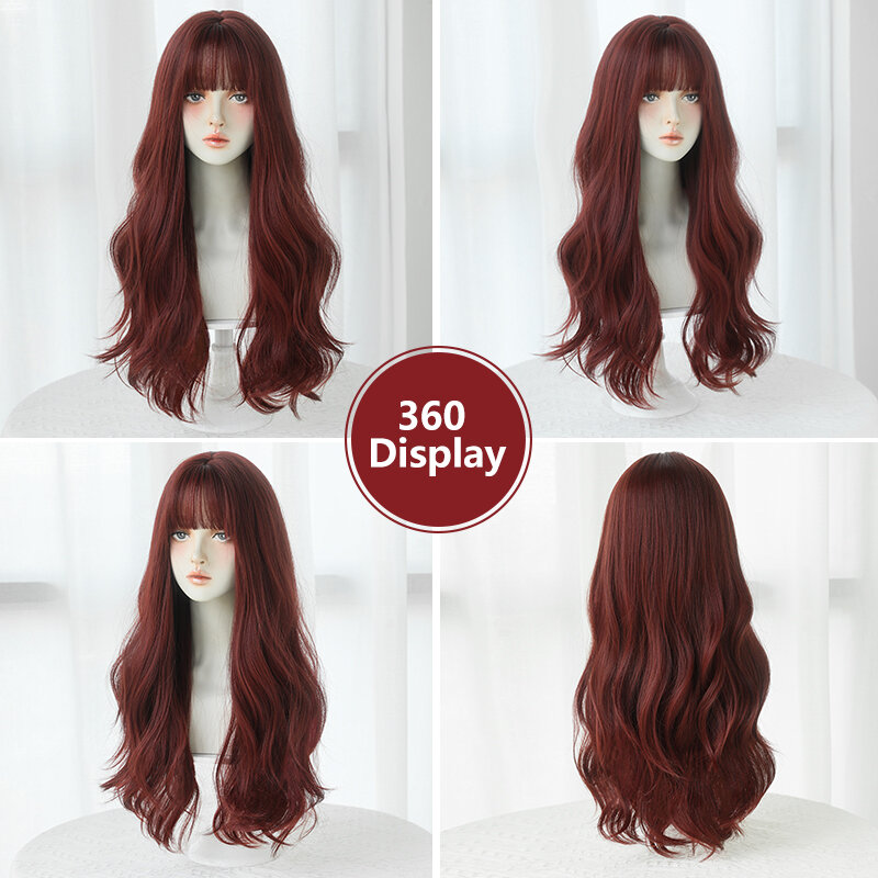 Wig 7JHH rambut palsu merah anggur gelombang tubuh longgar untuk penggunaan sehari-hari Wig rambut merah bergelombang sintetis dengan poni rapi
