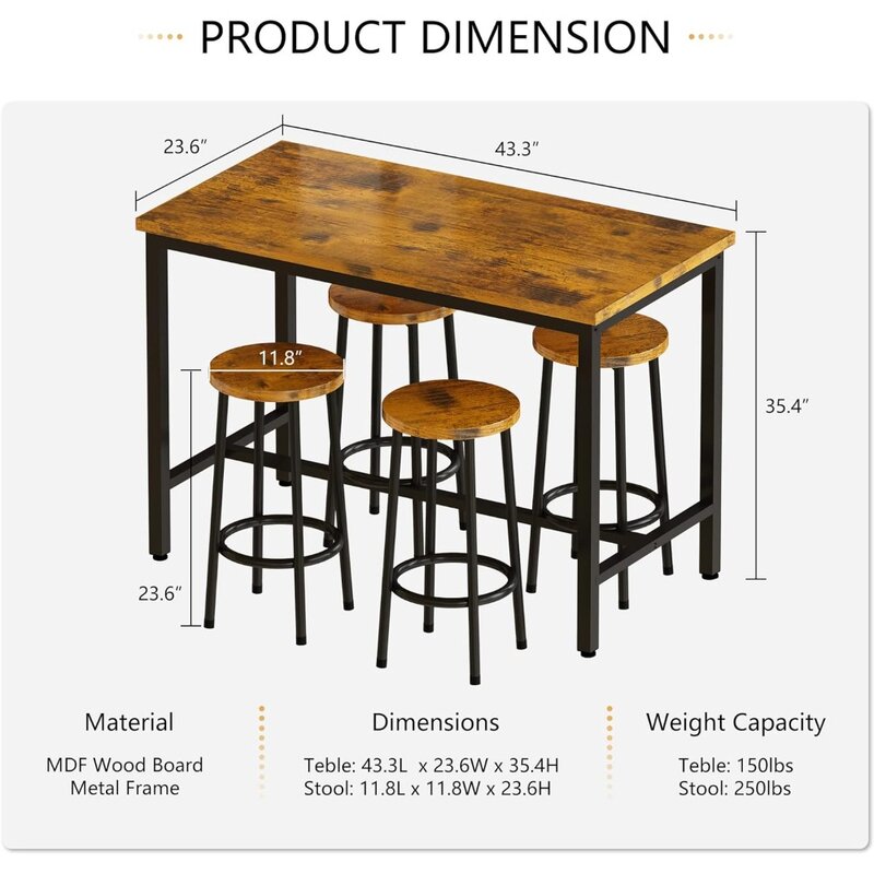Bar Table and Chairs Set Industrial Counter Height Pub Table with 4 Chairs Bar Table Set 5 Pieces Dining