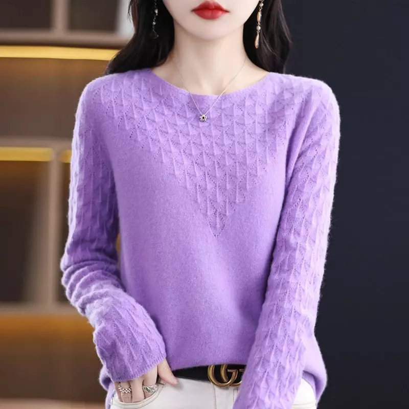 Suéter de lã merino feminino, pulôver oco com decote em O, suéter chique de caxemira, top fino solto, novo para primavera e outono