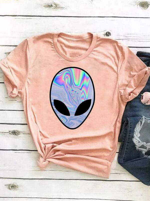 Camiseta de manga corta con estampado para mujer, camiseta divertida con cara de Alien, tendencia, ropa básica, camiseta gráfica