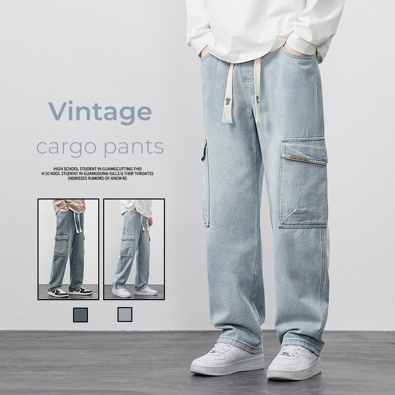Cargo Pants Men's Straight Jeans Stretch Waist Casual Soft Sweatpants Male Clothing Vintage Baggy Denim Trousers