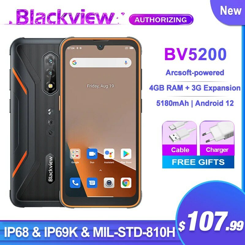 Blackview-BV5200 4G 스마트폰, 4GB + 32GB, 5180mAh, 안드로이드 12, 방수, 견고한 휴대폰, 휴대전화, ArcSoft 카메라