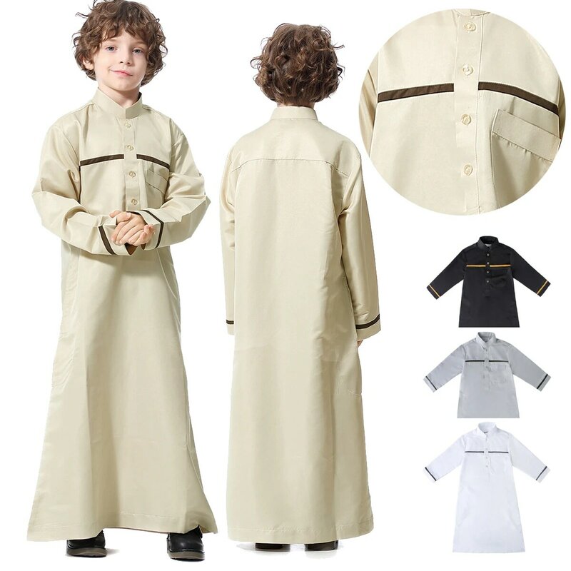 Batas musulmanas para niños, vestido Abaya, Camisa larga, cuello alto, botón, Color sólido, Arabia Saudita, Dubai, Catar, ropa islámica