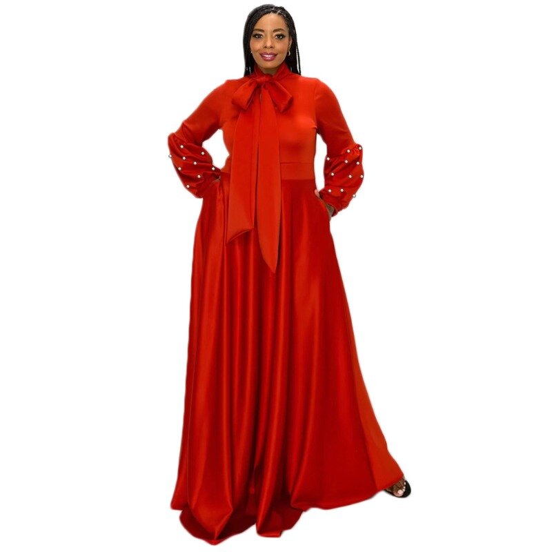 Vestidos africanos de manga larga para mujer, poliéster, rojo, azul marino, caqui, Maxi vestido de fiesta, ropa africana de otoño