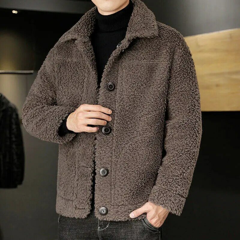 남성용 짧은 진짜 모피 겉옷, 긴팔 따뜻한 코트, 단색 캐주얼 재킷, 2023 가을 겨울 신상 패션, L56