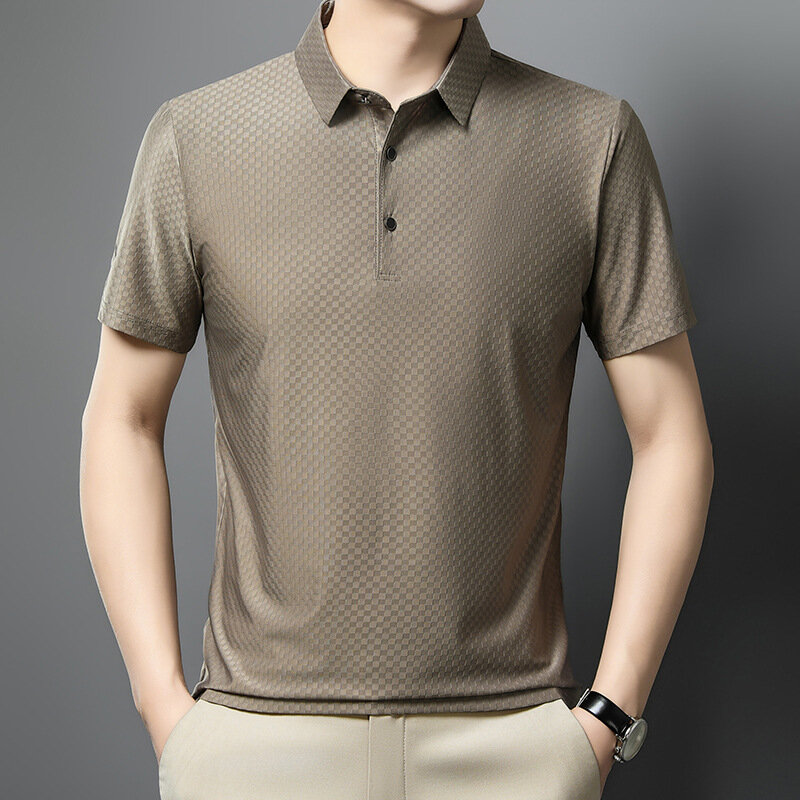 2024 New Men's Ice Silk Polo Shirt Men's T-shirt Business Quick-drying Leisure Lapel Short-sleeved T-shirt