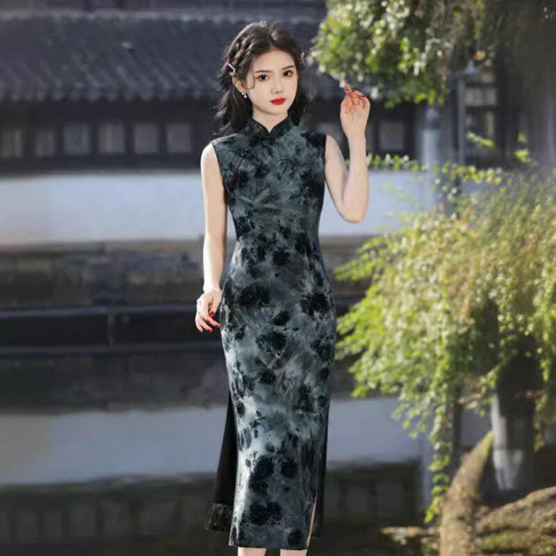 2024 letnie nowe damskie ulepszone Vintage chińskie Cheongsam Lady bez rękawów suknia wieczorowa Slim-fit damskie codzienne kostiumy Qipao
