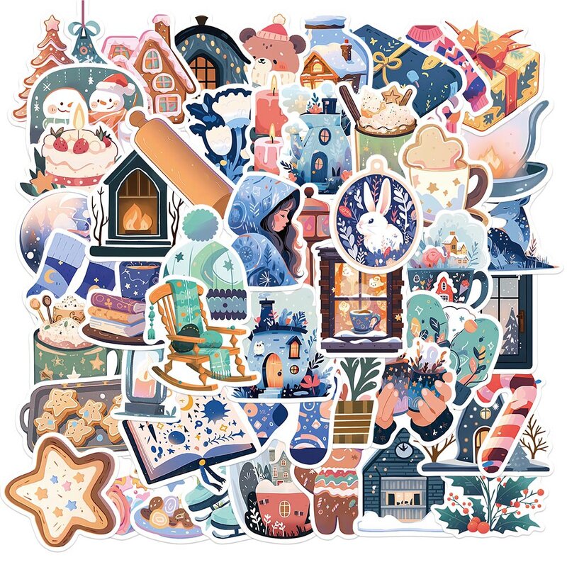 50 buah stiker grafiti dekorasi Natal musim dingin lucu stiker estetika telepon DIY buku tempel koper helm mainan anak stiker