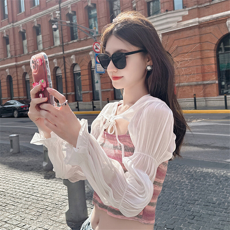 Summer Beach Sunscreen Arm Cover Jacket Short Blouse Puff Sleeve Half Top Fashion Casual Crop Front Cropped Bodycon Decorative