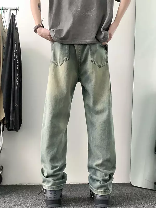 Jeans reto casual masculino, rua alta, moda coreana, cintura de cintura, azul vintage, calça jeans de perna larga, novo, 2021