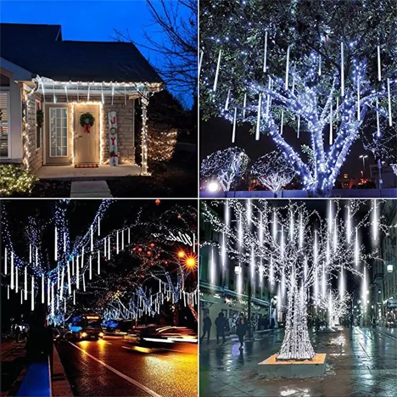 1 Pack 8 Tubes Outdoor Falling Rain Fairy Lights 50CM/30CM Meteor Shower Lights for Yard Porch Patio Roof Christmas Tree Decor