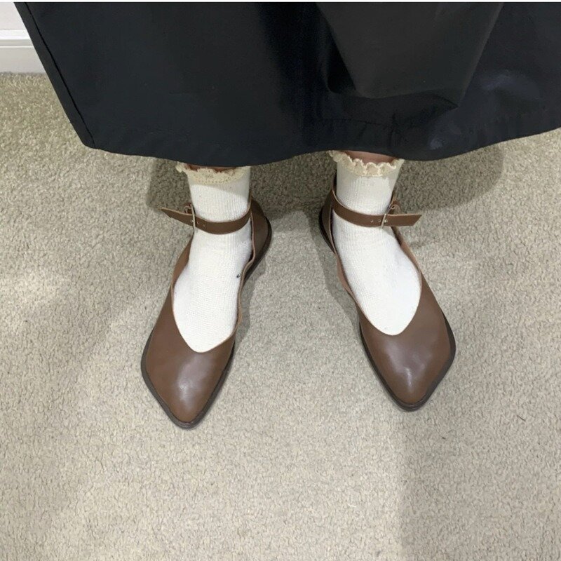 Женские Туфли Мэри Джейн, удобная обувь на плоской подошве, с квадратным носком, с открытым носком, для студентов, весна-лето 2024