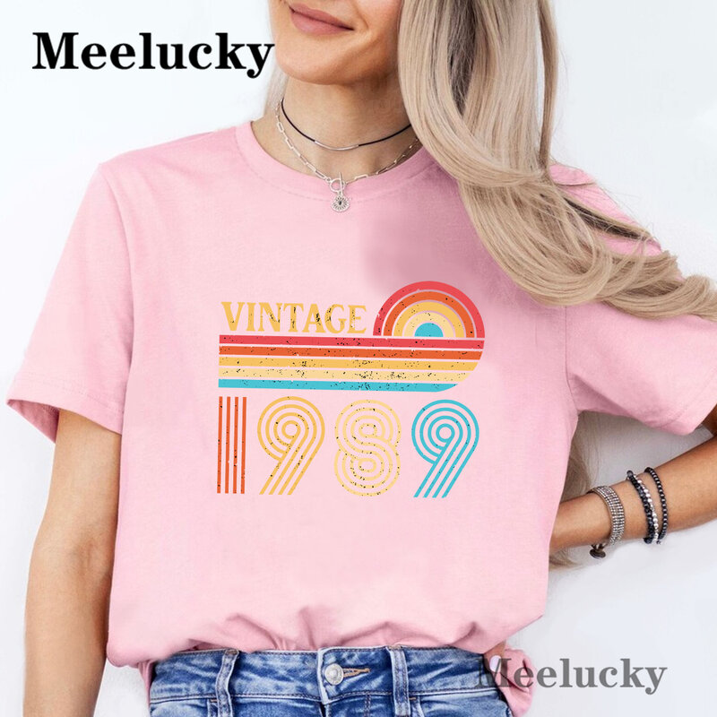 T-shirt de manga curta com colar redondo para mulheres, puro algodão, estilo vintage, roupa de rua, lazer, fresco, verão, 1989