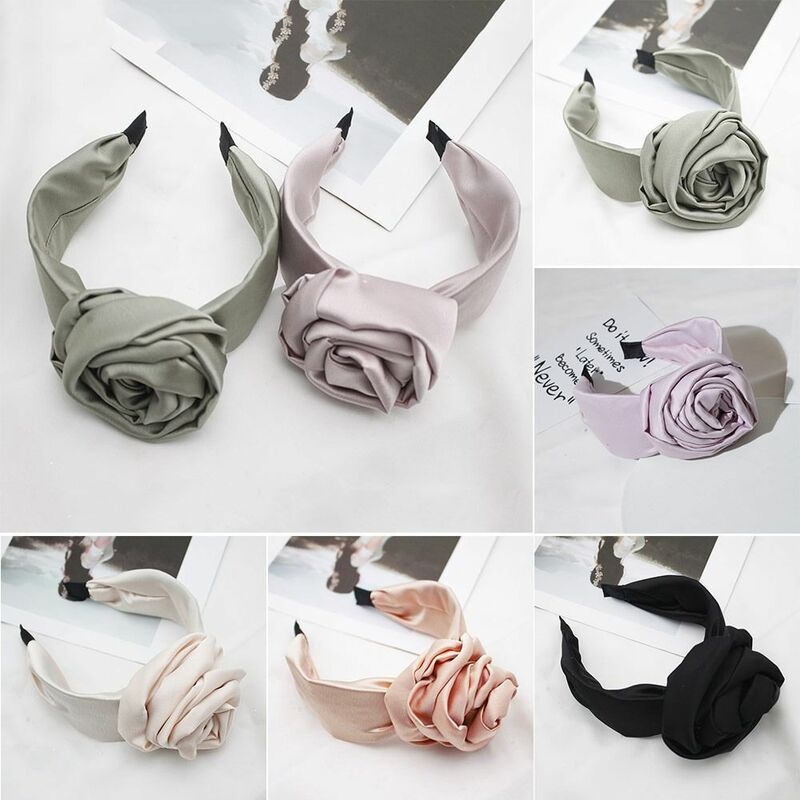 Rose Flower Flower Headbands Solid Color Front Knot Wide Knotted Hairband Satin Vintage Bohemian Wide Hair Hoop Party